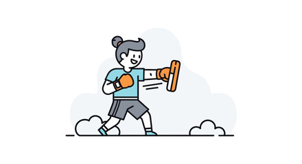 Naklejka premium Cartoon Illustration of a Young Girl Boxing Outdoors with a Focus on Strength and Determination in a Playful Scene