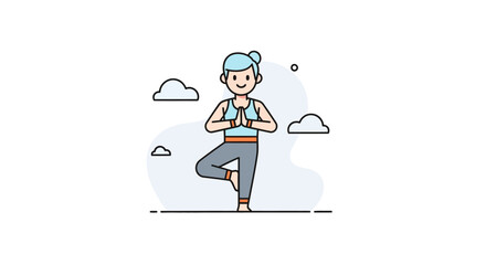 Fototapeta premium Illustration of a woman practicing yoga outdoors during daytime with clouds in the background