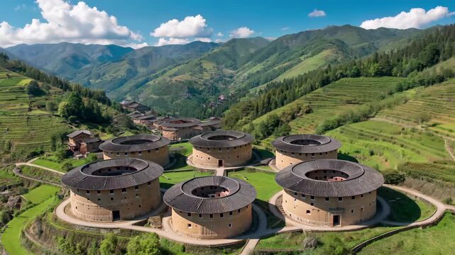 Panoramic view of the natural scenery of Fujian Tulou