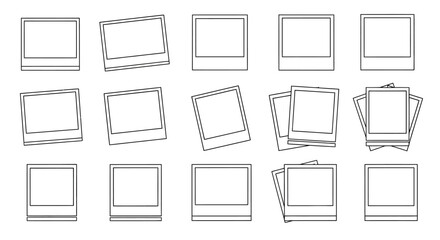 Outline vector icons of instant photo frames in various arrangements and orientations, depicting memories and photography concepts.