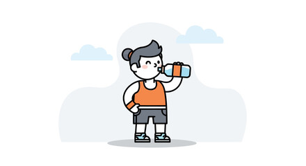 Fototapeta premium Cute cartoon girl with ponytail enjoying a refreshing drink outdoors on a cloudy day