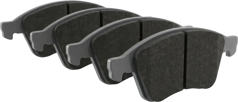 A set of four dark gray car brake pads arranged in a staggered formation showcasing their textured friction material and metal backing car parts automotive braking system