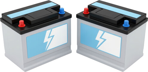 Obraz premium Two automobile car batteries with blue lightning bolt symbols on their sides and colored terminals viewed from a slight angle car battery automobile battery power source energy storage