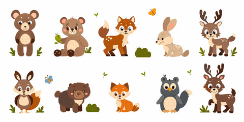 Fototapeta premium Cute cartoon forest animals including bears foxes deer and rabbits