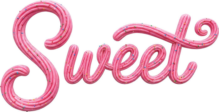 Pink frosted word Sweet with colorful sprinkles rendered in a 3D script font style with swirling decorative elements 172 characters candy confectionery frosting icing dessert
