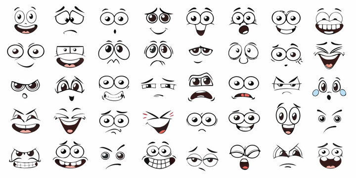 Collection of diverse cartoon faces displaying a variety of expressions