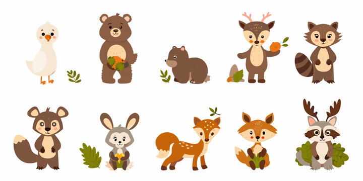 Charming cartoon illustrations of various forest animals with foliage