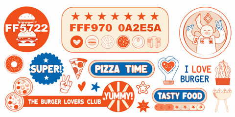Naklejka premium Colorful sticker set featuring burgers pizza and food related phrases