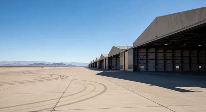 Long row of hangars lines an airbase runway in a modern, architectural style, representing transportation and aviation, under a cloudless, blue sky.