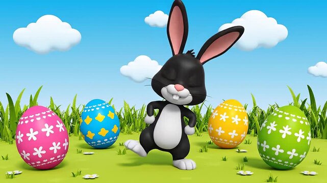 Animated cartoon of a cheerful rabbit pulling a basket filled with colorful Easter eggs, walking on a green screen background with a joyful mood and bright blue sky.
