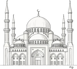 Fototapeta premium Elegant Hand-Drawn Islamic Mosque Architecture 2026, Detailed Pencil Sketch Vector of Grand Masjid with Domes and Minarets, Traditional Religious Landmark Illustration Signed by Kaz on Textured Paper 