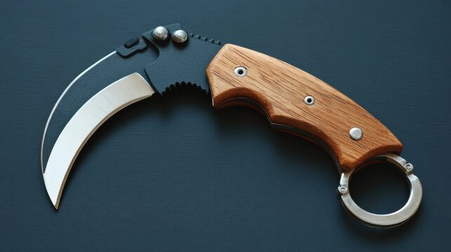 Close-up of a karambit knife on a blue surface