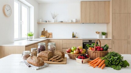 Bright modern kitchen countertop with fresh bread, pantry jars, and colorful produce, healthy meal prep and clean eating vibe, spring cleaning and Earth Day home life