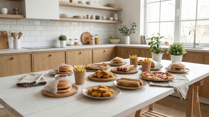 Fototapeta premium Sunlit modern kitchen table with burgers fries nuggets and pizza, casual family meal styling for party catering, cozy weekend comfort food for Super Bowl