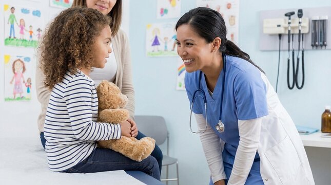 Female pediatric nurse greets young girl in clinic exam room, warm reassuring healthcare moment with teddy bear, family medicine visit for back to school checkup