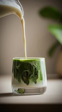 Pouring milk into a vibrant green matcha drink in a clear glass vertical video