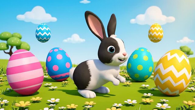 Animated cartoon of a rabbit pulling a basket filled with colorful eggs walking on a green screen background with Easter eggs video frame.