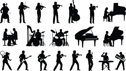 Collection of musician silhouettes performing with instruments showing live music band orchestra concert creativity and artistic performance concept illustration © Mehedi