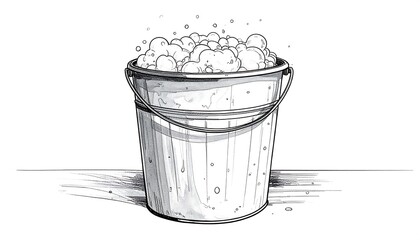 A detailed sketch of a bucket overflowing with soap suds and bubbles.
