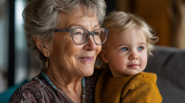 Elderly woman with striking glasses gazing warmly holding child nearby, family love essence, intergenerational connection portrait, grandmother grandchild bond, eyewear detail, aff