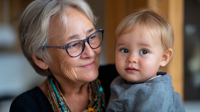 Elderly woman with striking glasses gazing warmly holding child nearby, family love essence, intergenerational connection portrait, grandmother grandchild bond, eyewear detail, aff