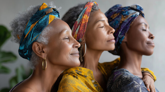 Three African females of different ages embracing serenity with eyes closed, generational peace moment, cultural meditation practice, peaceful family connection, melanin beauty acr