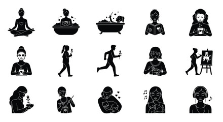 Collection of black silhouette icons depicting people engaging in various daily activities and hobbies on white background