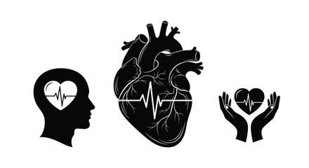 Medical icons with heartbeat symbols symbolizing health care and cardiology concepts