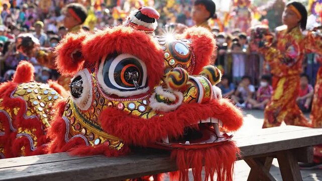 Traditional Chinese Lion Dance Performance.