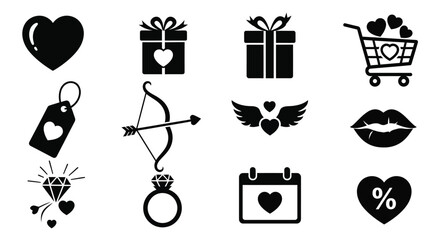Collection of black valentine's day icons including hearts gifts love symbols and shopping cart on white background for valentine's day marketing and design