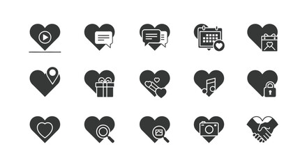 Collection of heart icons with various symbols and objects representing love and communication concepts