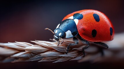 Macro shot of a vibrant ladybug on a wheat stalk