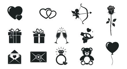 Black valentine's day icons set including hearts gifts champagne teddy bear and love symbols on white background for romantic designs