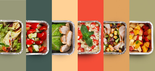 Obraz premium Several aluminum trays hold different food items like salads, vegetables, and fruits arranged in neat sections. The setting is colorful and appears ready for an informal meal or gathering.