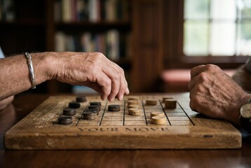 Two people are engaged in a board game at a wooden table. One hand moves a piece as they focus on the game. Soft light enters from a nearby window, adding warmth to the scene