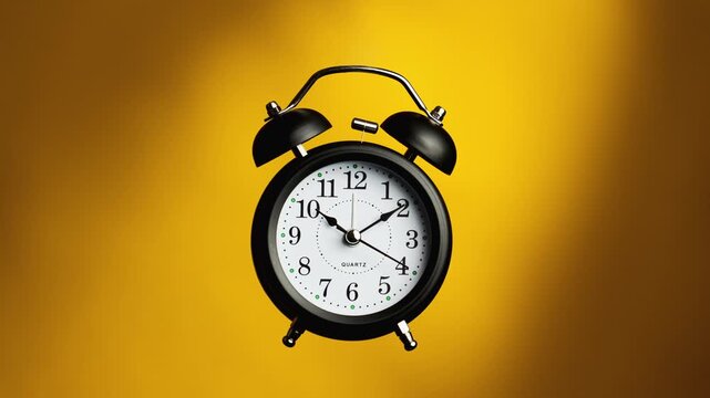 Classic alarm clock on yellow background. Old fashioned alarm clock with bells. Time moving fast. Close up shot of classic mechanical alarm clock. Time concept. 4K, UHD