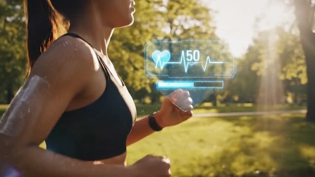 Woman jogging outdoors with fitness tracker display.