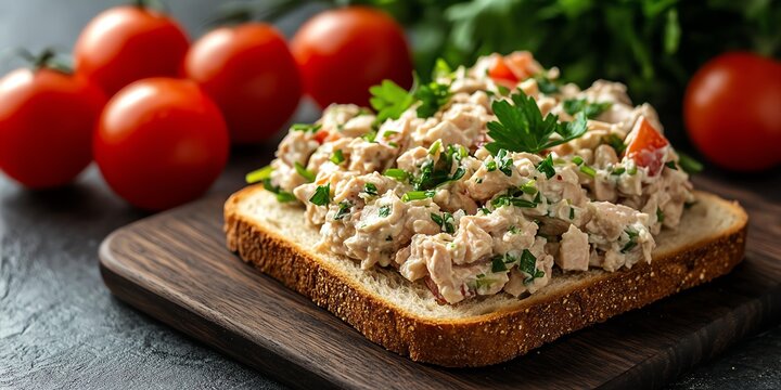 Delicious openfaced sandwich on dark rye bread topped with tuna salad