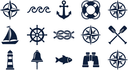 Nautical Marine Icons Set Compass Anchor Lifebuoy Wheel Boat Oars Lighthouse Bell Fish Binoculars Rope Navy Vector Collection © Tanjimul