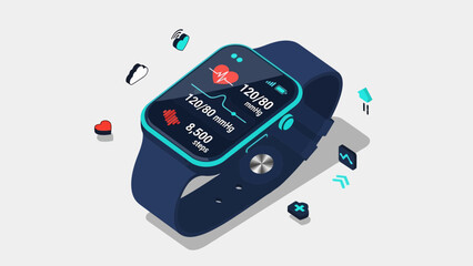 Smartwatch display with heart icon, step counter, and navigation button shown against a plain backdrop, viewed from an angled perspective