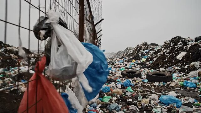 Plastic bags and trash blowing in the wind at a landfill under a cloudy sky