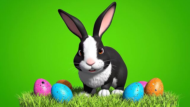 Animated cartoon of a rabbit pulling a basket filled with colorful eggs walking from left to right on a green screen background for an Easter eggs video.