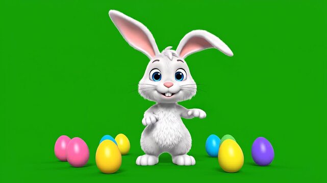 Animated cartoon of a white rabbit pulling a basket filled with colorful Easter eggs walking on a green screen background in a cheerful scene.