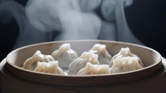 Steaming Hot Dumplings in a Traditional Bamboo Steamer Basket, Perfect for Culinary Content and Food Vlogs