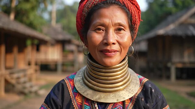 Portrait of a Kayan woman with neck rings, traditional village background