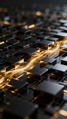 Obraz premium A futuristic grid of metallic cubes illuminated by glowing golden light trails creating a dynamic and high-tech visual effect.
