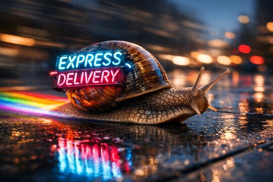 Surreal Snail with Neon Express Delivery Sign and Motion Blur on Wet City Street.