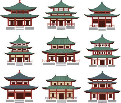 Conjunto vectorial de edificios de templos tradicionales asi&aacute;ticos con templos hist&oacute;ricos y reliquias culturales.