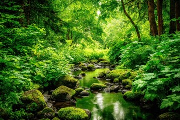 Obraz premium Tranquil Stream Flowing Through the Lush Forest