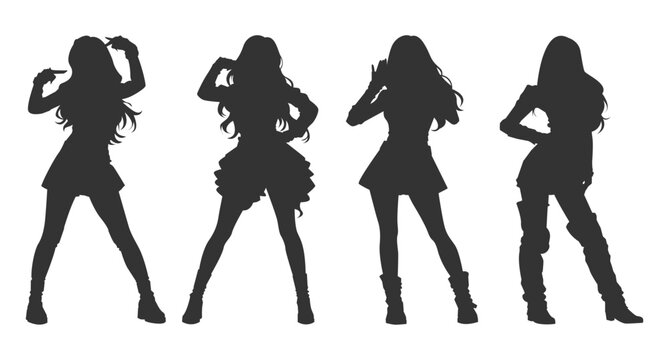 Vector illustrations quartet female dancer performing on stage. Silhouette korean pop women shown in dynamic poses and movements. Monochrome flat design korean idol representing contemporary dance.